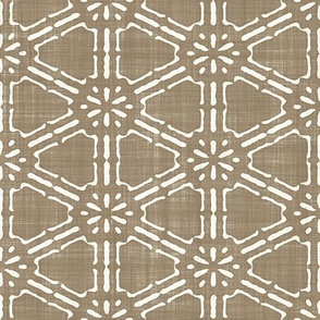 Batik Block Print Ethnic Floral Hexagon Lattice in Mushroom Brown and Natural White (Large Scale)