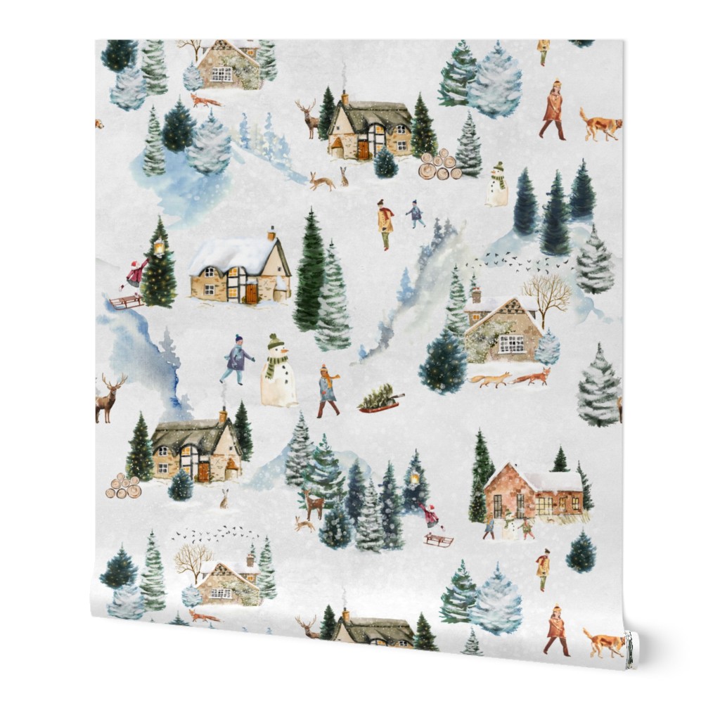 18" Snowy winter landscape with magical vintage houses and watercolor  animals like deer,hare,fox,roe deer, happy people having fun and trees covered with snow - for Nursery