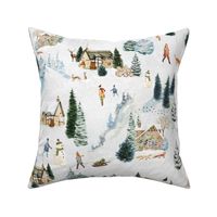 18" Snowy winter landscape with magical vintage houses and watercolor  animals like deer,hare,fox,roe deer, happy people having fun and trees covered with snow - for Nursery