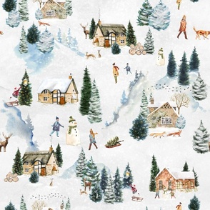 18" Snowy winter landscape with magical vintage houses and watercolor  animals like deer,hare,fox,roe deer, happy people having fun and trees covered with snow - for Nursery