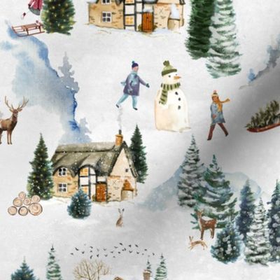 14" Snowy winter landscape with magical vintage houses and watercolor  animals like deer,hare,fox,roe deer, happy people having fun and trees covered with snow - for Nursery