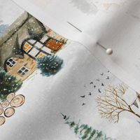 14" Snowy winter landscape with magical vintage houses and watercolor  animals like deer,hare,fox,roe deer, happy people having fun and trees covered with snow - for Nursery