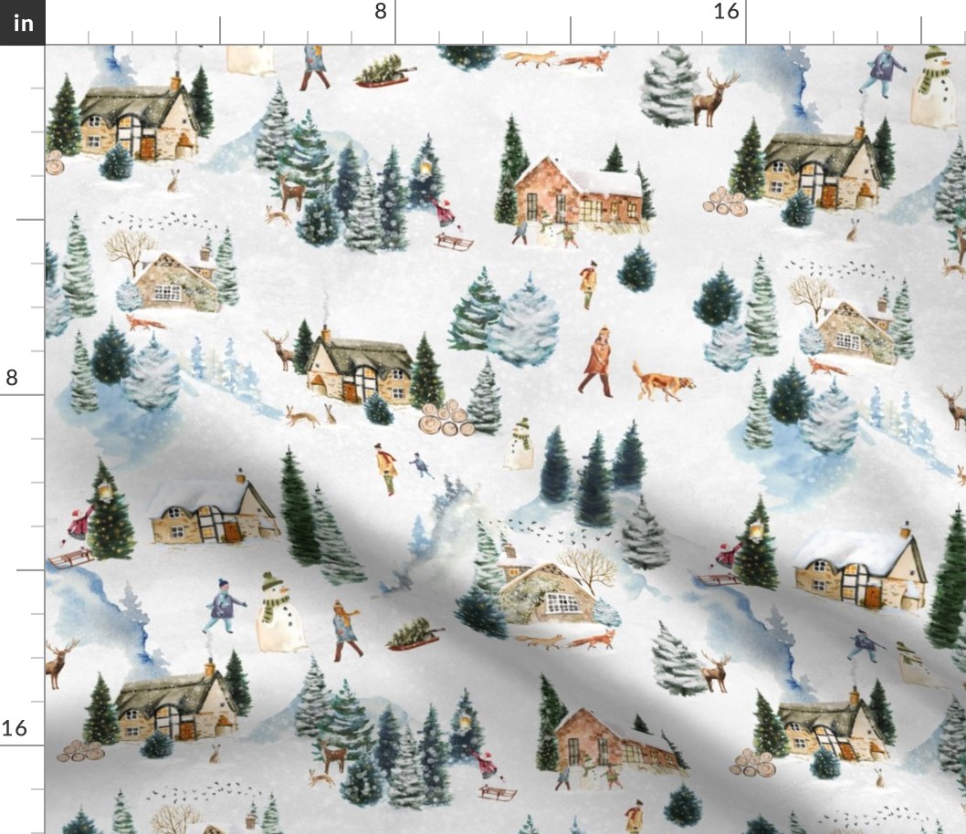 14" Snowy winter landscape with magical vintage houses and watercolor  animals like deer,hare,fox,roe deer, happy people having fun and trees covered with snow - for Nursery