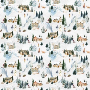 9" Snowy winter landscape with magical vintage houses and cabincore watercolor  animals like deer,hare,fox,roe deer, happy people having fun and trees covered with snow - for Nursery
