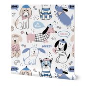 Cute seamless pattern with doodle dogs, short phrases, speech bubbles
