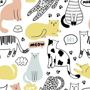 Cats, speech bubbles and paws seamless pattern