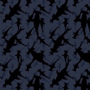 Dark Hammerhead Sharks Silhouette Circling  in Navy Blue Water