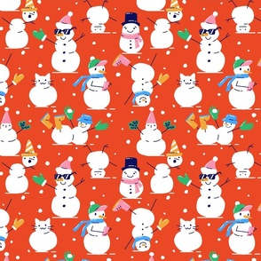 Christmas  cute snowmen on red background