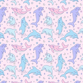 Cute cartoon dolphins on pink background