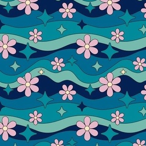 Groovy wavy pattern with flowers  in 60s style