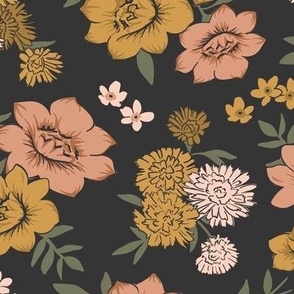 Boho Vintage Floral on Black - Retro inspired 