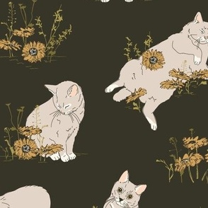 Cats in Garden - Black with Gray Cats and Mustard Yellow Flowers