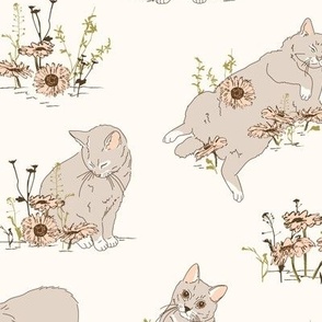 Cats in Garden - Cream with Gray Cats and Pale Pink Flowers 