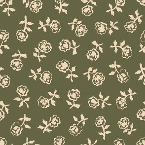 Vintage Floral - Hand Painted Ditsy Flower Pattern - Natural on Olive Green