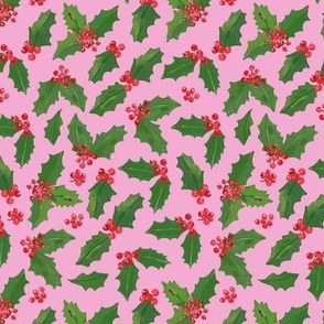 Christmas holly on pink - small