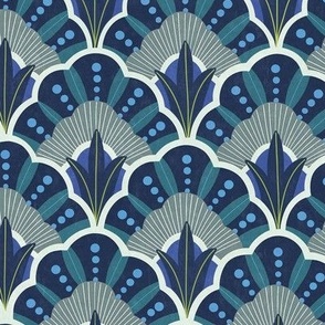 Art Deco Fan Pattern - Royal Blue/Blues/Ultramarine/Navy Medium Scale