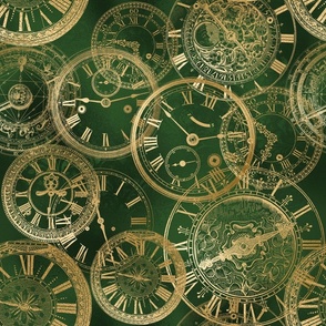 Golden Vintage Clocks on a Deep Green background
