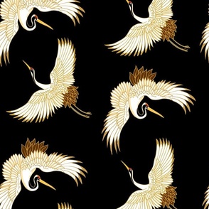 Cranes Art Deco birds on black, retro, Jumbo, traditional wallpaper