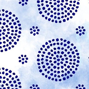 Hand painted dot circles geometric in dark delft blue and watercolor texture on white