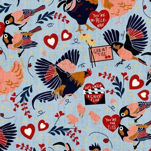 Cheeky Valentine- Cocks and Tits- Bird Puns- Linen Baby Blue- Large Scale