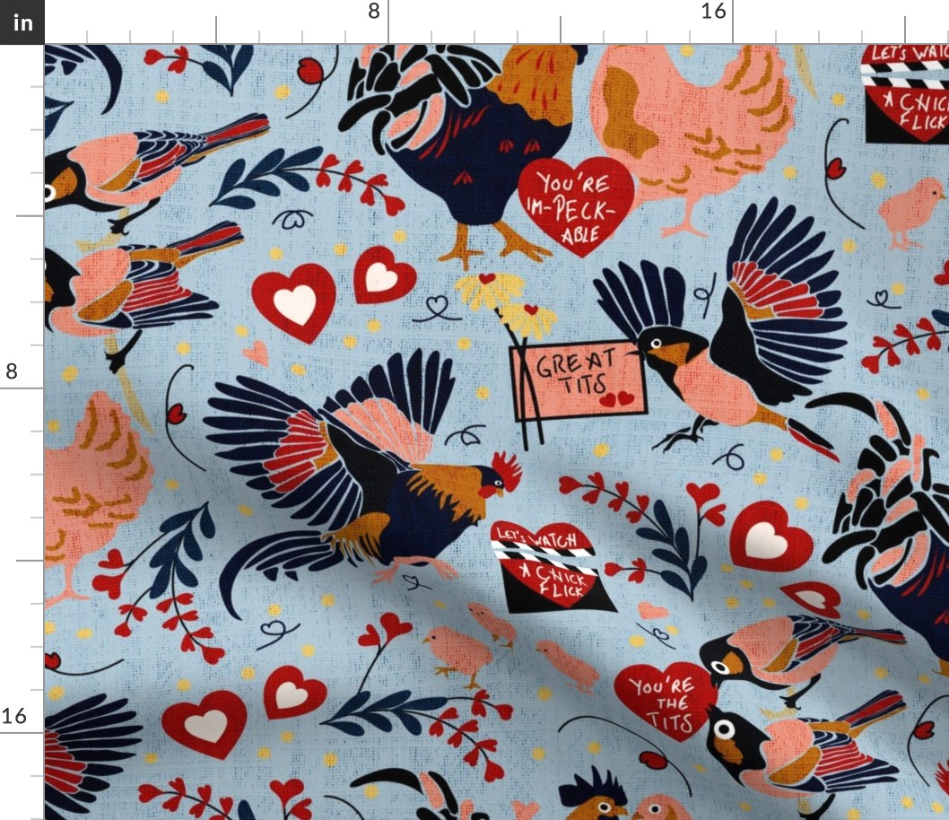 Cheeky Valentine- Cocks and Tits- Bird Puns- Linen Baby Blue- Large Scale