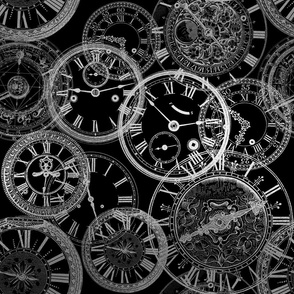 Silver Steampunk Clocks on Black - Silver and Black Steampunk Fabric