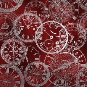 Steampunk Clocks, Silver on Red Background