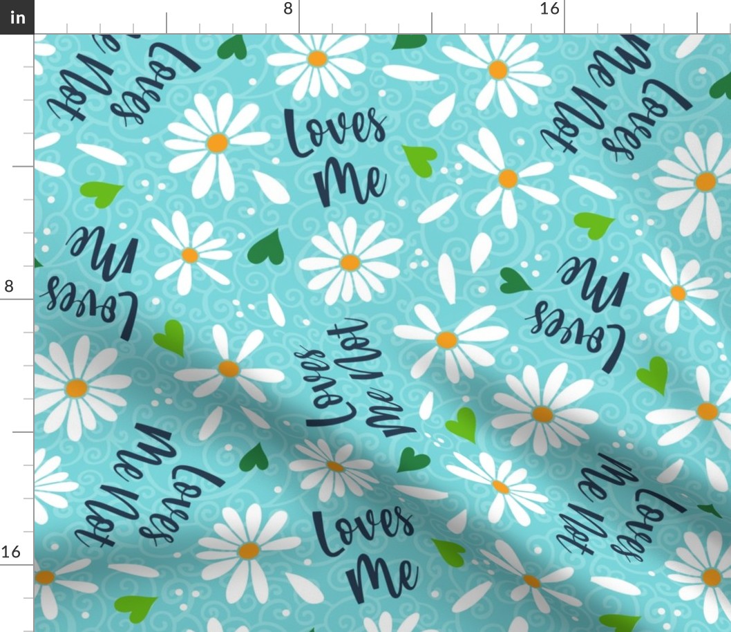 Large Scale Loves Me Loves Me Not White Daisy Flowers and Hearts on Aqua Blue