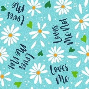 Medium Scale Loves Me Loves Me Not White Daisy Flowers and Hearts on Aqua Blue