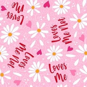 Medium Scale Loves Me Loves Me Not White Daisy Flowers and Hearts on Pink
