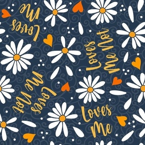 Large Scale Loves Me Loves Me Not White Daisy Flowers and Hearts on Navy