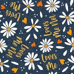 Medium Scale Loves Me Loves Me Not White Daisy Flowers and Hearts on Navy