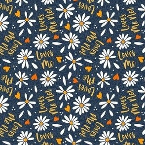 Small Scale Loves Me Loves Me Not White Daisy Flowers and Hearts on Navy
