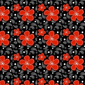 Red flowers with white paisly and polkadots on black