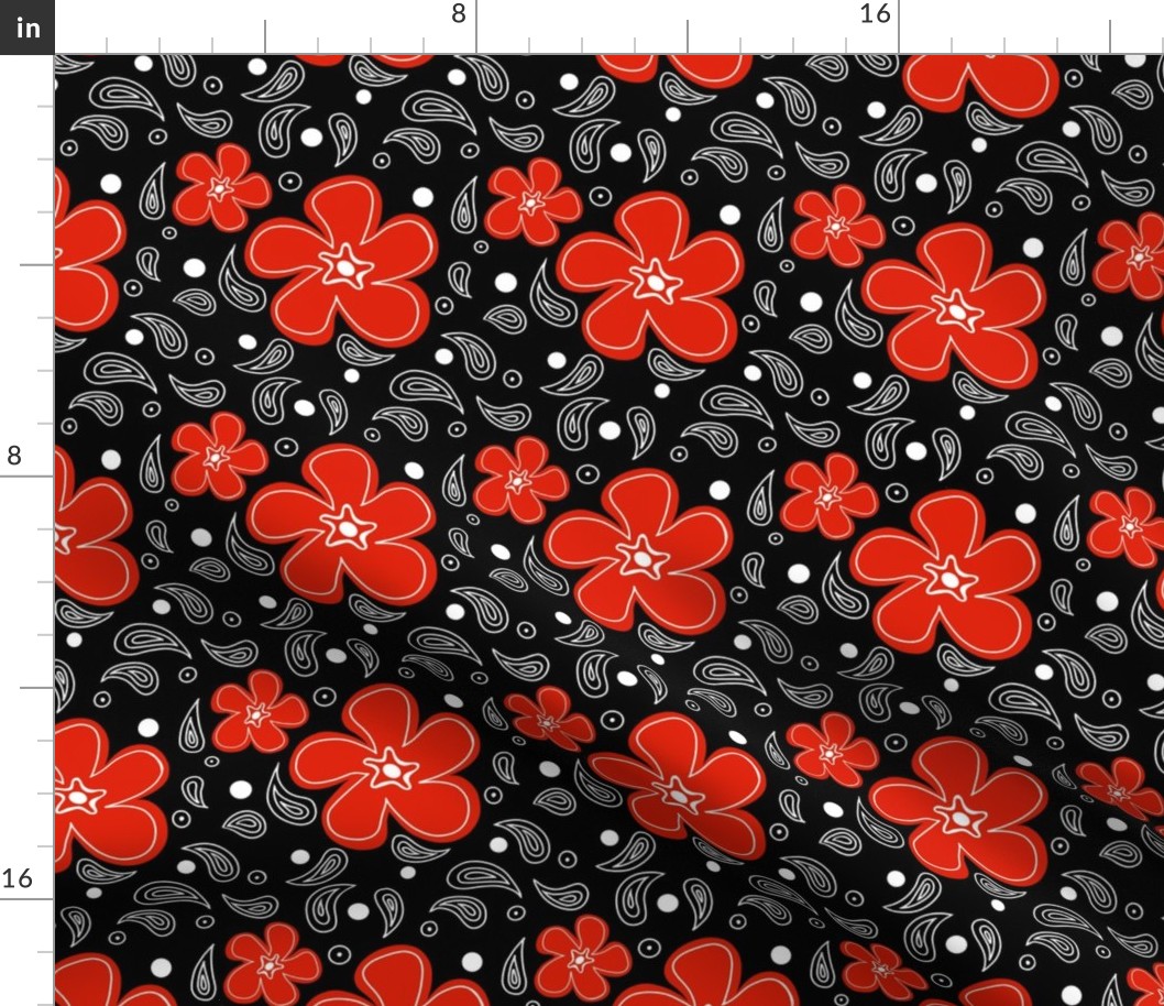Red flowers with white paisly and polkadots on black