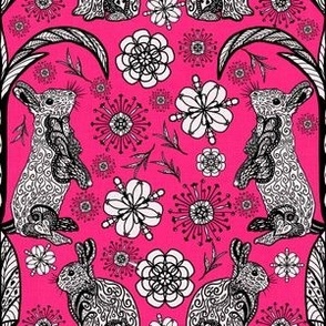 Line drawn damask rabbits on bright pink linen effect small