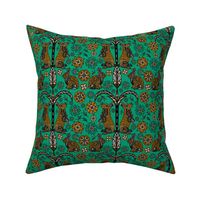 Euphoric Doodled rabbit and bunny damask on linen effect teal and brown with grey 