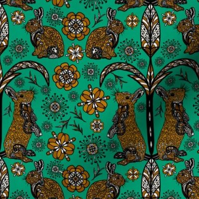 Euphoric Doodled rabbit and bunny damask on linen effect teal and brown with grey 