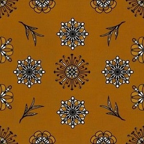 mandala flowers and leaves in star grid on linen on ochre with grey flowers and leaves