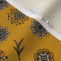 mandala flowers and leaves in star grid on linen jonquil mustard with black 