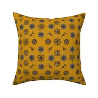 mandala flowers and leaves in star grid on linen jonquil mustard with black 