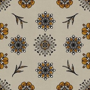 Mandala flowers in grid on grey linen effect.  Hand drawn line flowers in black and brown hues