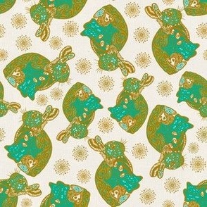 tossed doodled baby bunnies with flowers Cyan turquoise and green on white background