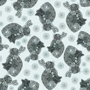tossed doodled baby bunnies with flowers Cyan grey on linen