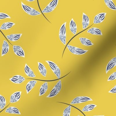 Minimalist Yellow Blue Hand- Drawn Sprigs of Leaves