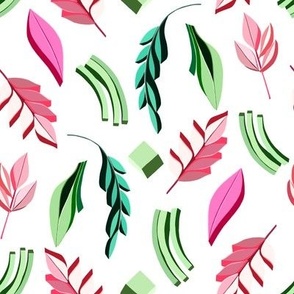 Volumetric leaves with geometric shapes. Green-pink on white background.