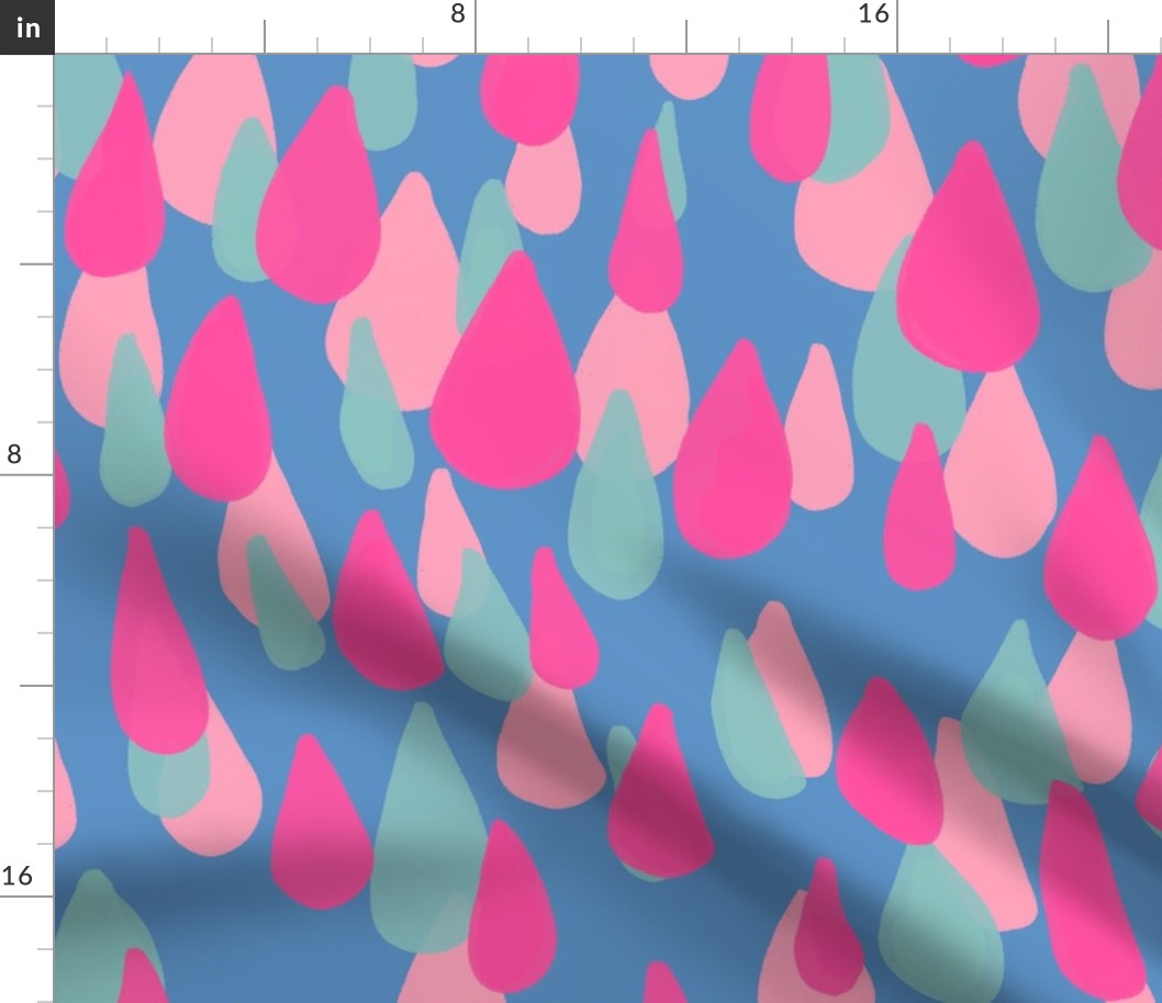 Raindrops - hot pink, soft turquoise and light pink on light blue - large