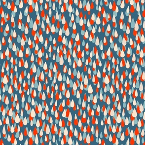 Raindrops- orange red, soft gray blue and white on medium-dark blue - HB - medium