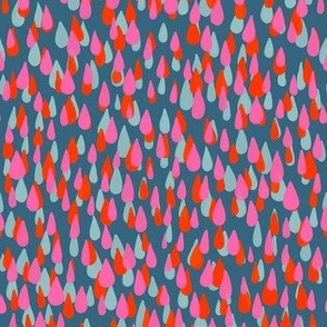Raindrops- orange red, soft gray blue and hot magenta pink on medium-dark blue - HB - small