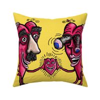 incognito valentines, funny valentine, jumbo large scale, comic cute cartoon pop art, yellow red pink black white blue